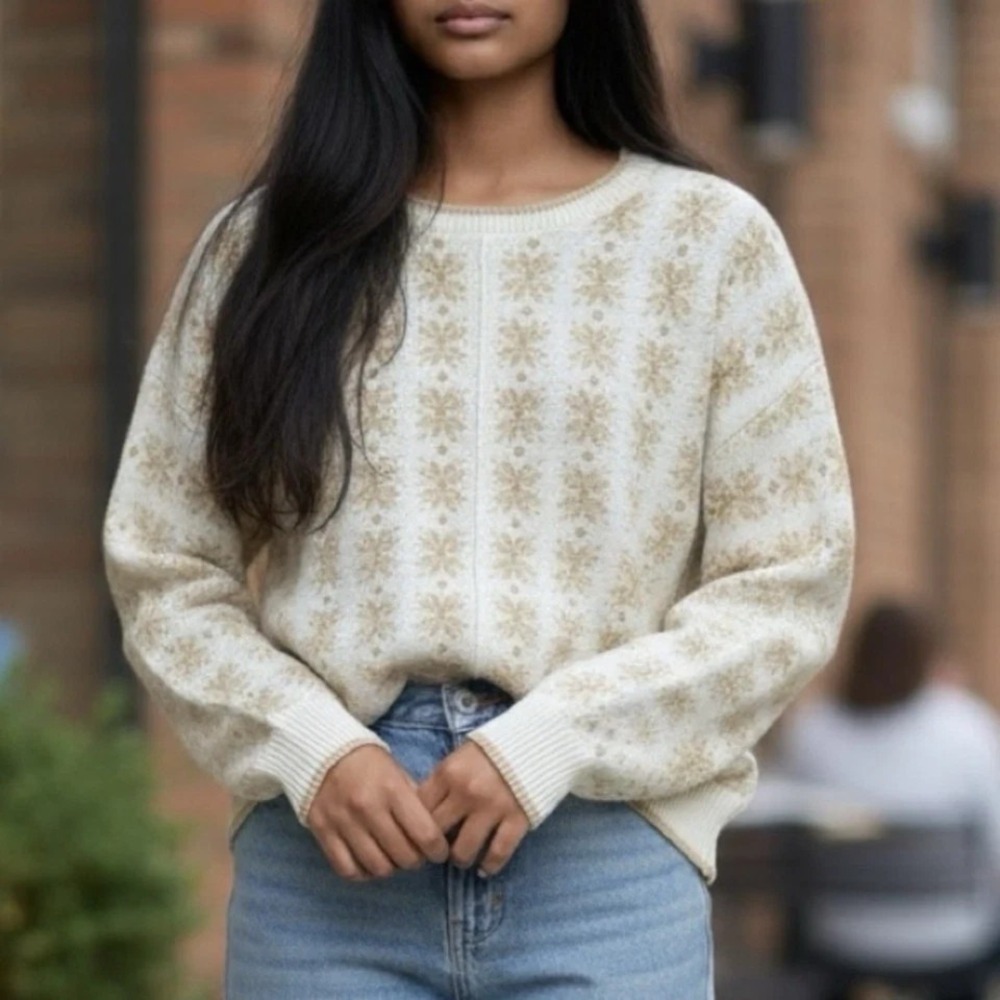 Workshop Republic Snowflake Shimmer Sweater Cream Gold Cotton Blend Women's L
